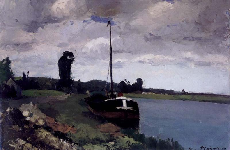 Camille Pissarro River landscape with boat Paysage fluviale avec bateau pres de Pontoise France oil painting art